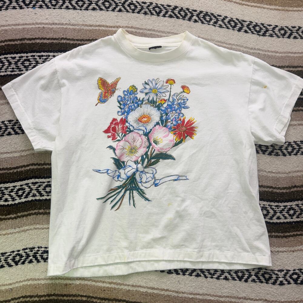 Women's Vintage 90's Bouquet of Flowers Floral Butterfly White Crop Shirt Sz M